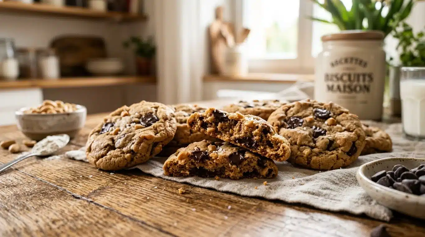 Cookies au beurre de cacahuète healthy faits maison avec pépites de chocolat.