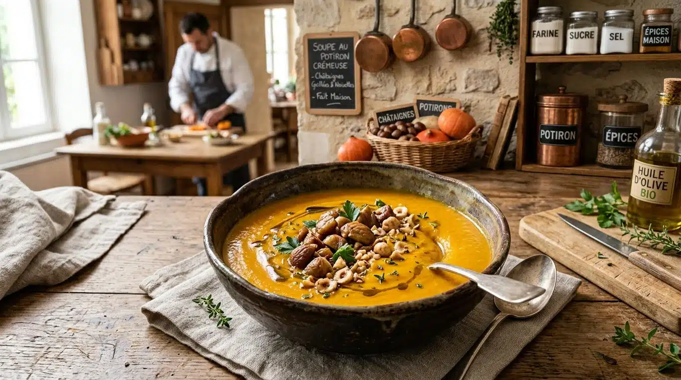 Velouté de potiron aux éclats de châtaignes et noisettes