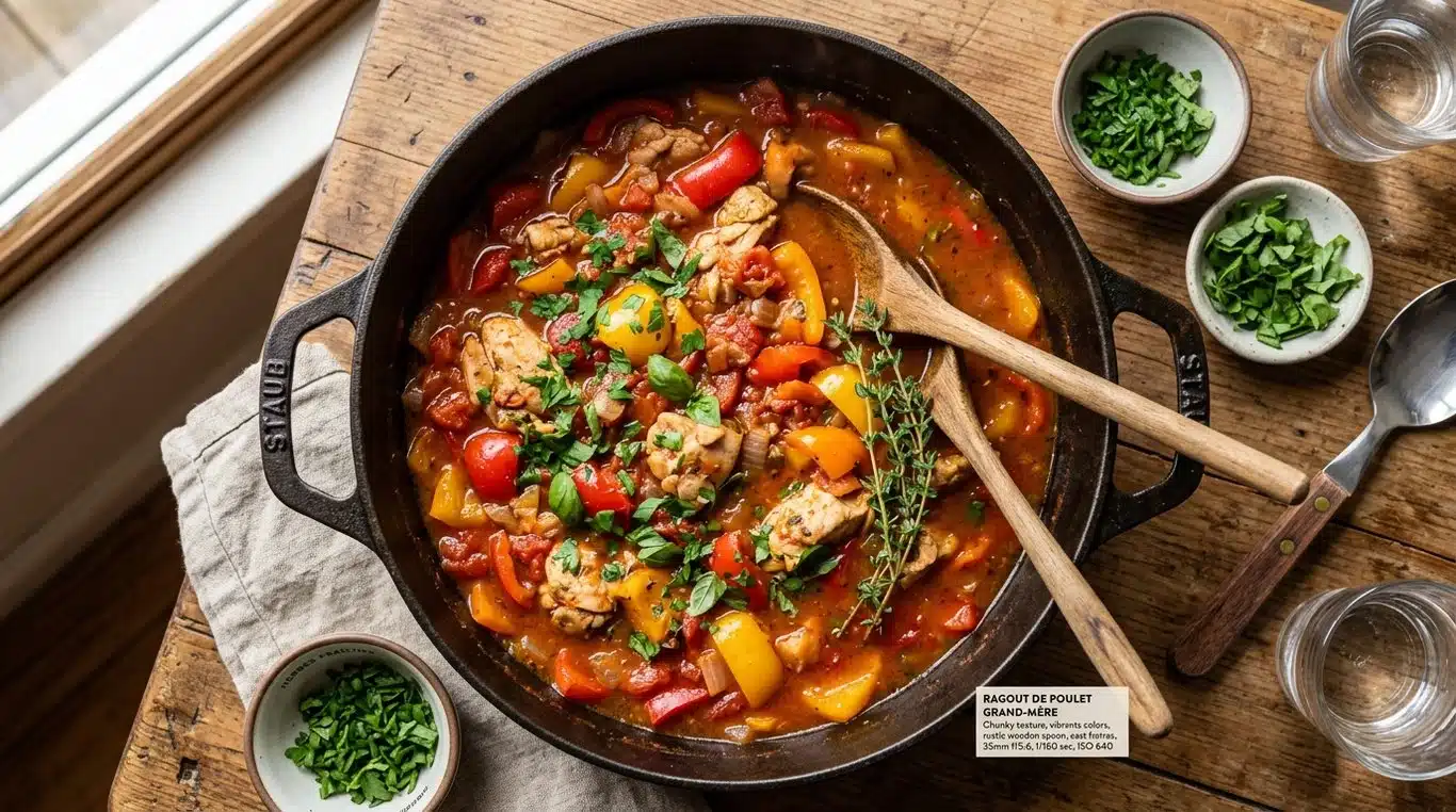 Plat de poulet mijoté aux poivrons et tomates dans une cocotte en fonte