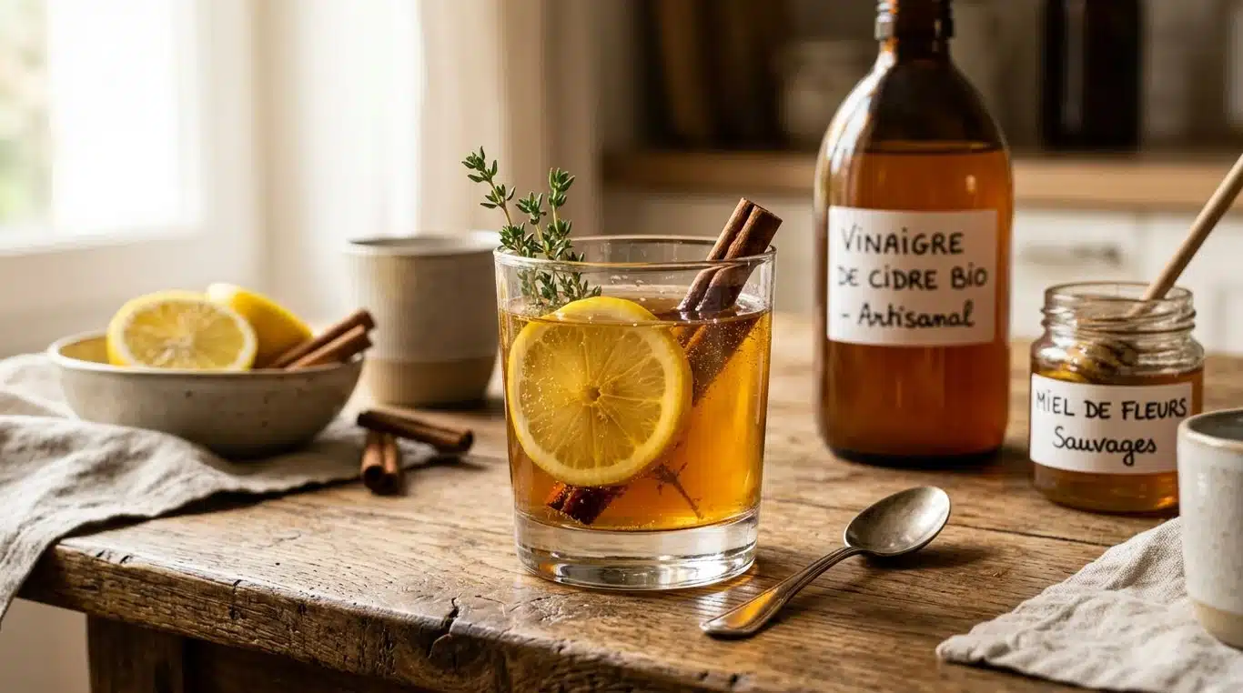 Boisson tonique au vinaigre de cidre, miel et citron
