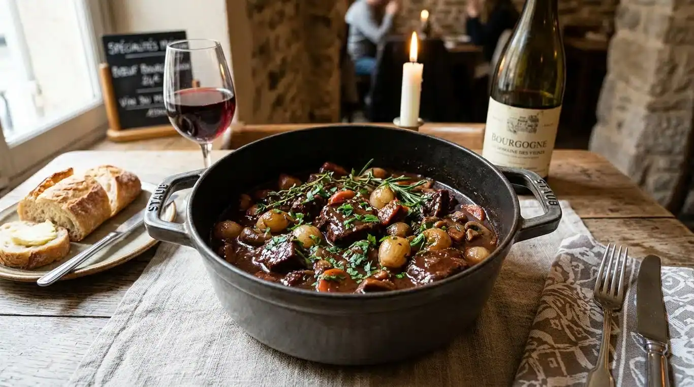 Plat de bœuf bourguignon traditionnel dans une cocotte en fonte