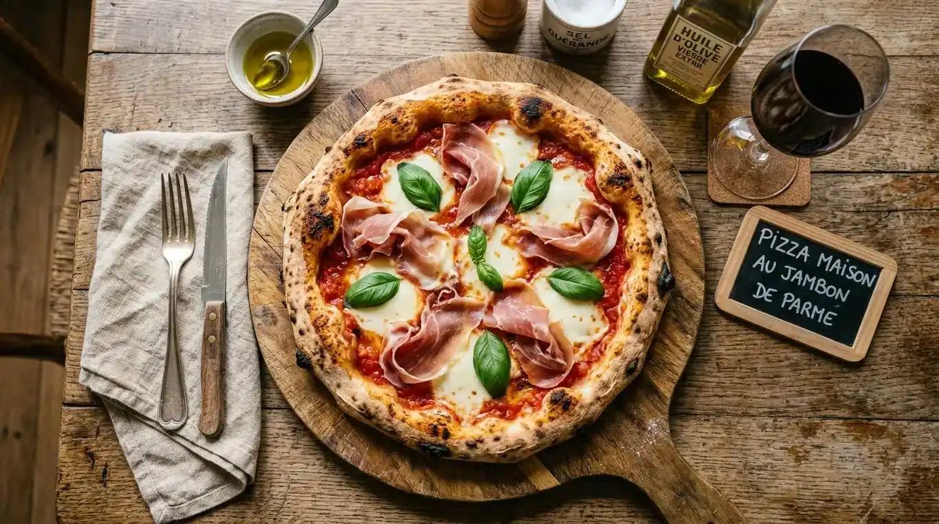 Pizza artisanale faite maison style Leonita avec mozzarella, basilic et jambon de Parme