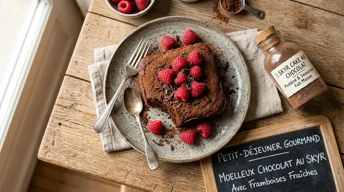Gâteau fondant au chocolat et skyr, riche en protéines, présenté sur une assiette avec des framboises fraîches.