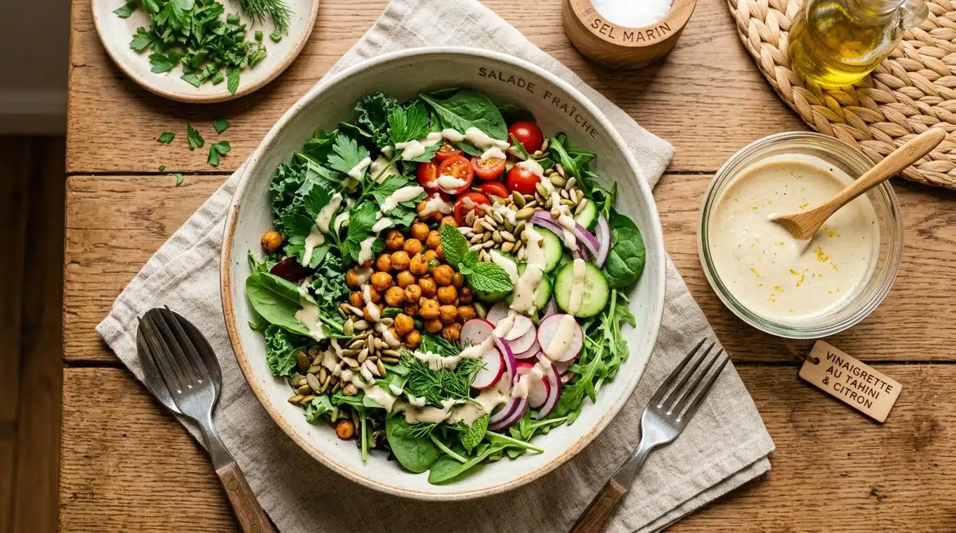 Sauce onctueuse au tahini et agrumes servie sur une salade composée
