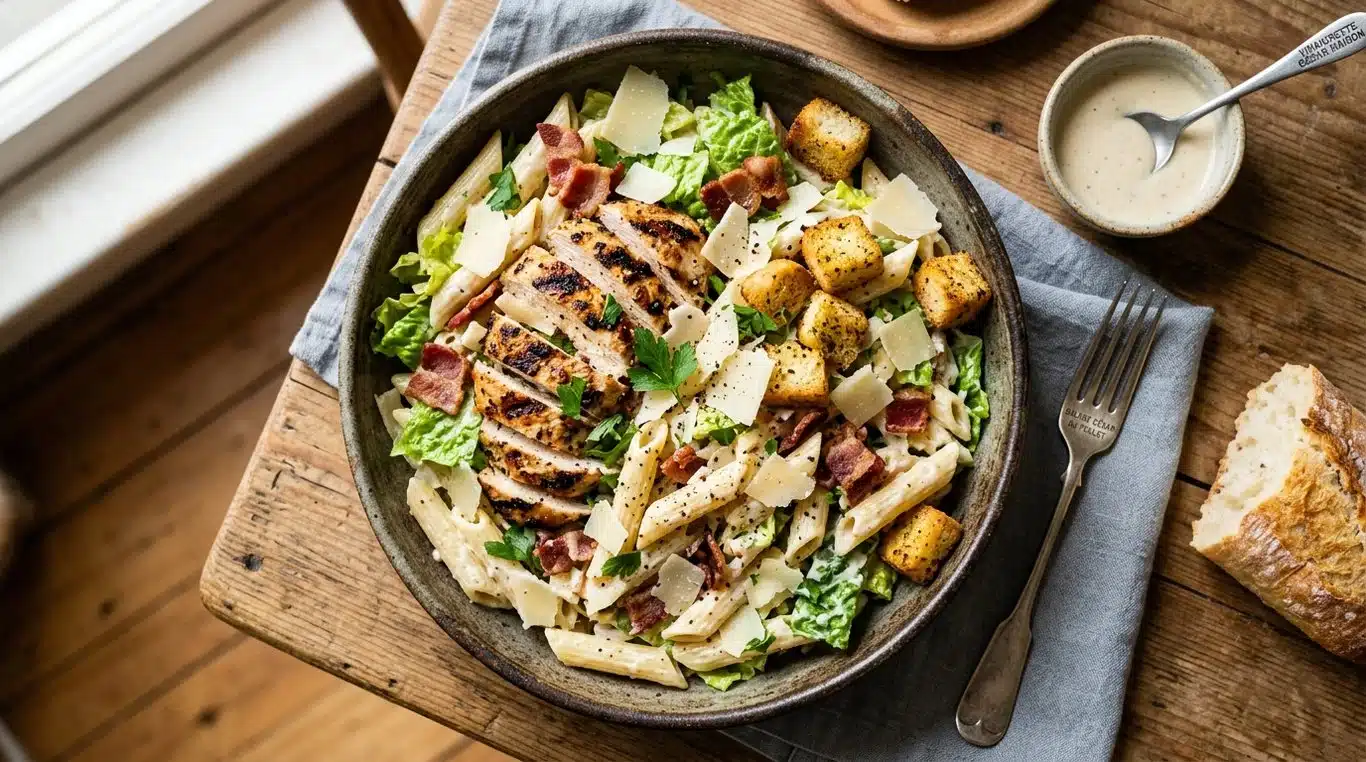 Salade de pâtes au poulet César dans un bol rustique
