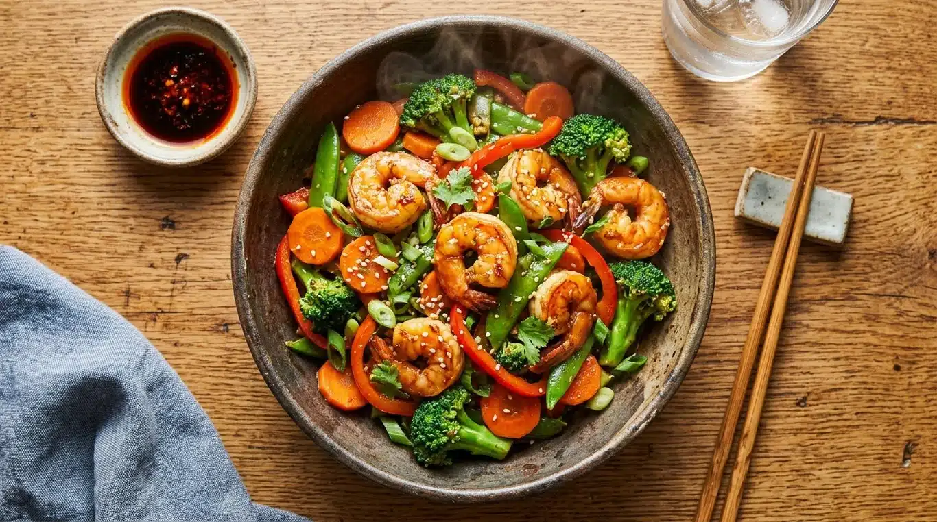 Wok de crevettes sauce ail et gingembre