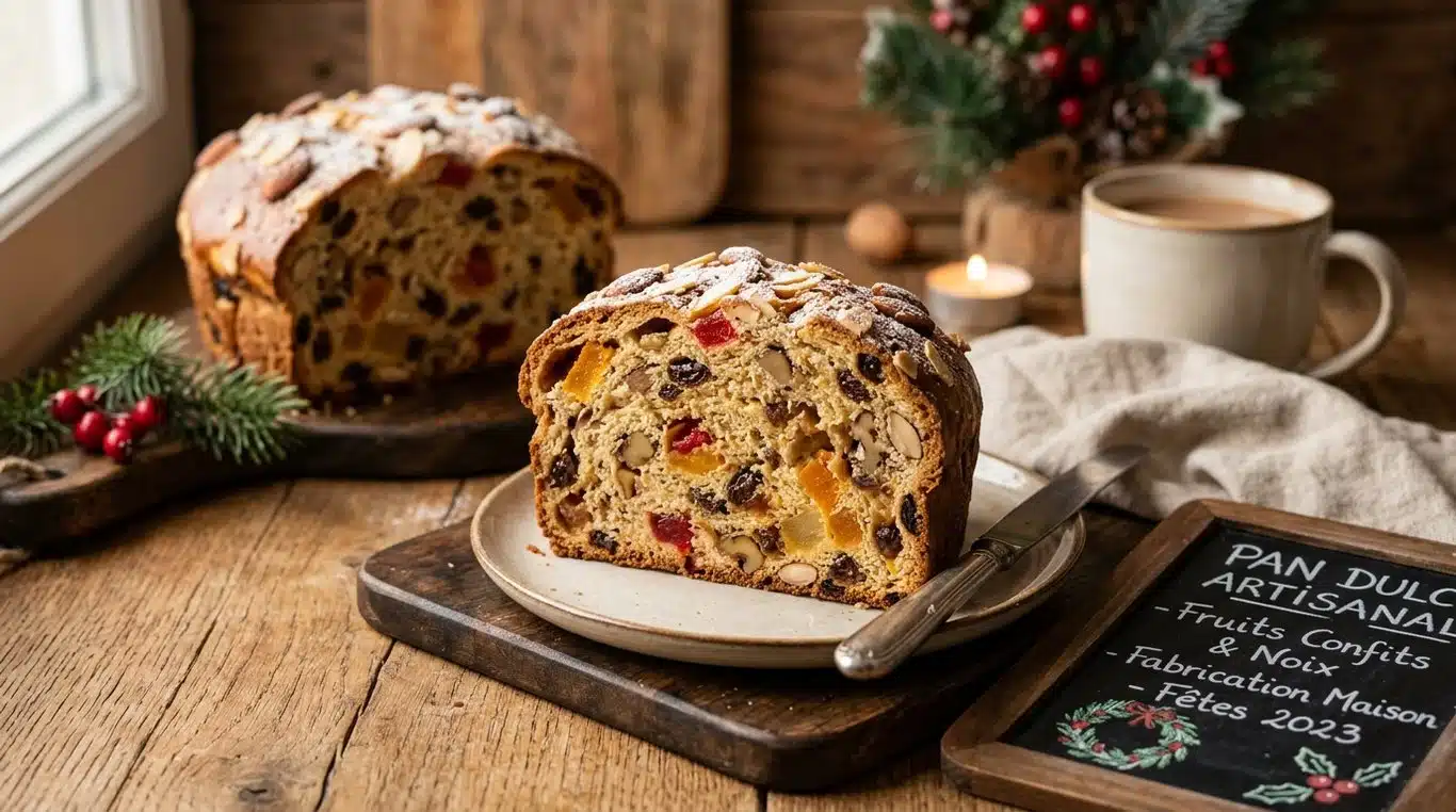 Pan dulce traditionnel coupé en tranches, garni de fruits confits et de noix.