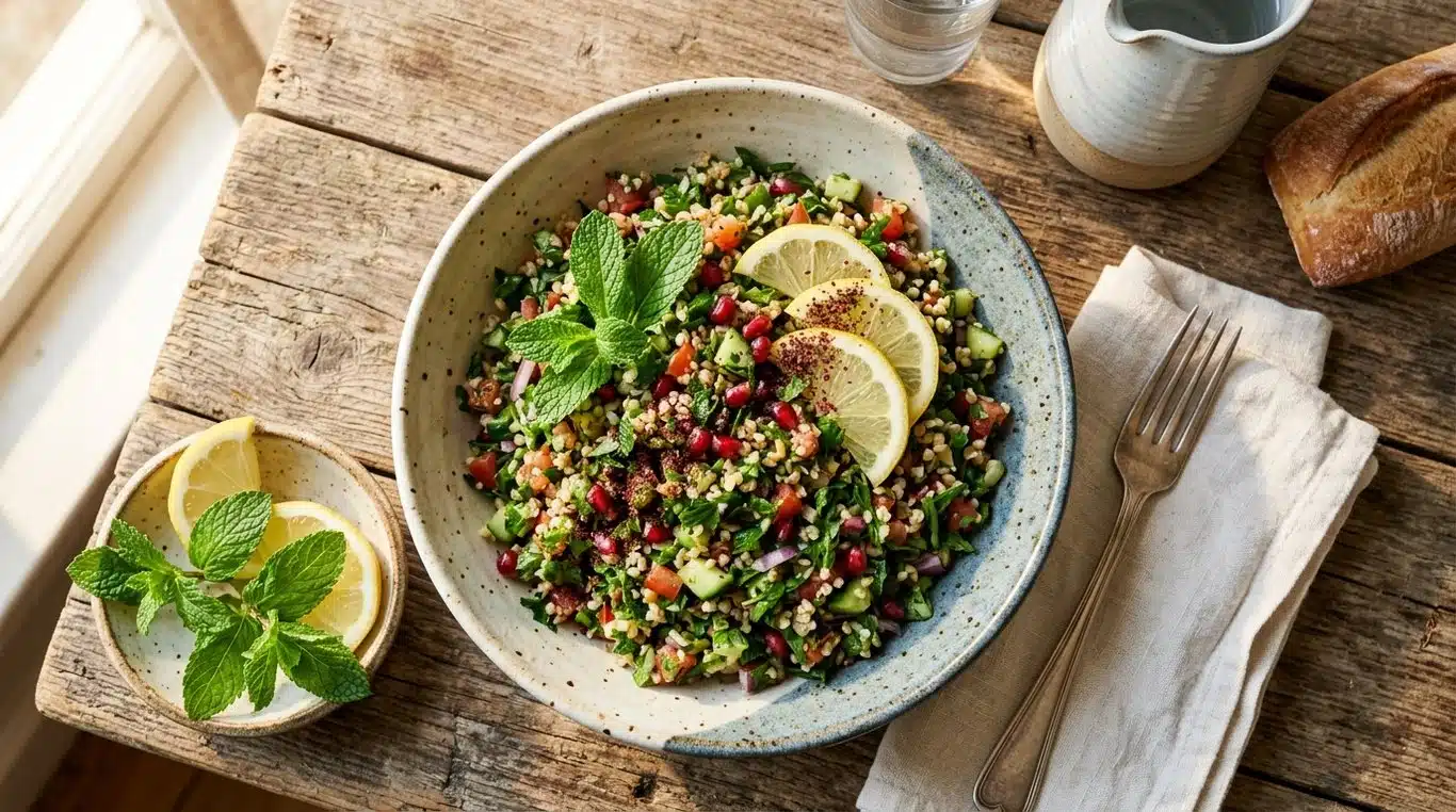 Taboulé frais à la menthe et au citron dans un bol en céramique