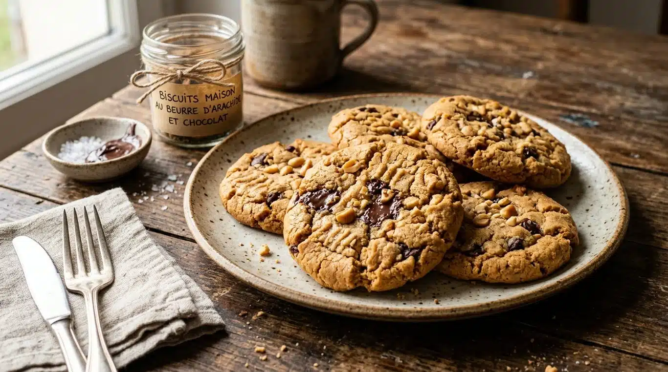 Cookies au beurre de cacahuète et pépites de chocolat fraîchement sortis du four