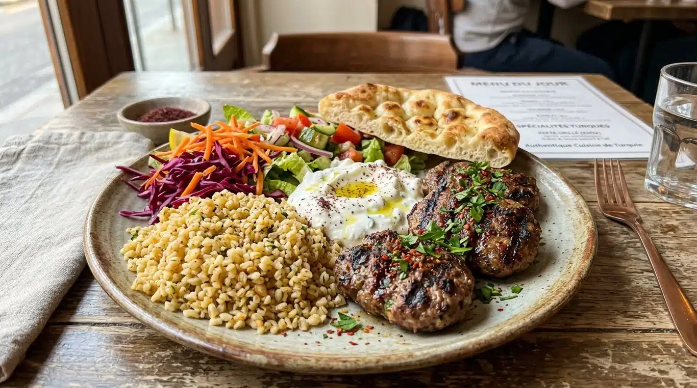 Assiette de kefta maison façon Junot Kebab avec boulgour et crudités.