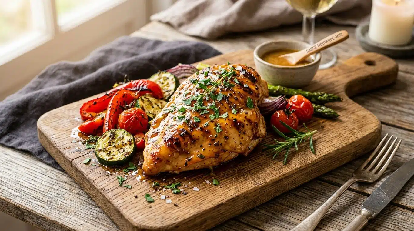 Poulet barbecue laqué au miel et à la moutarde, doré et brillant, prêt à être dégusté.