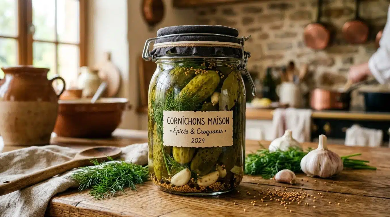 Bocal de cornichons maison préparés avec des aromates