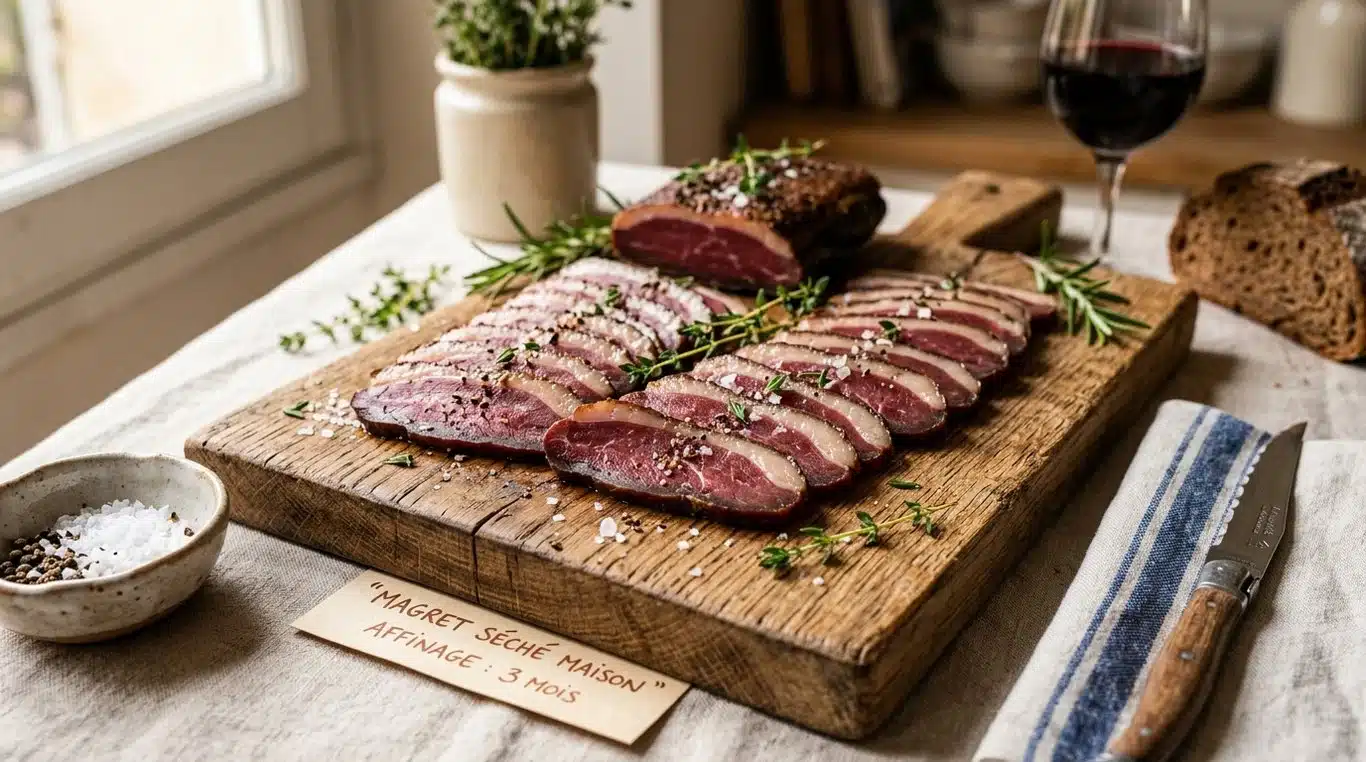 Tranches de magret de canard séché maison aux épices sur une planche en bois.