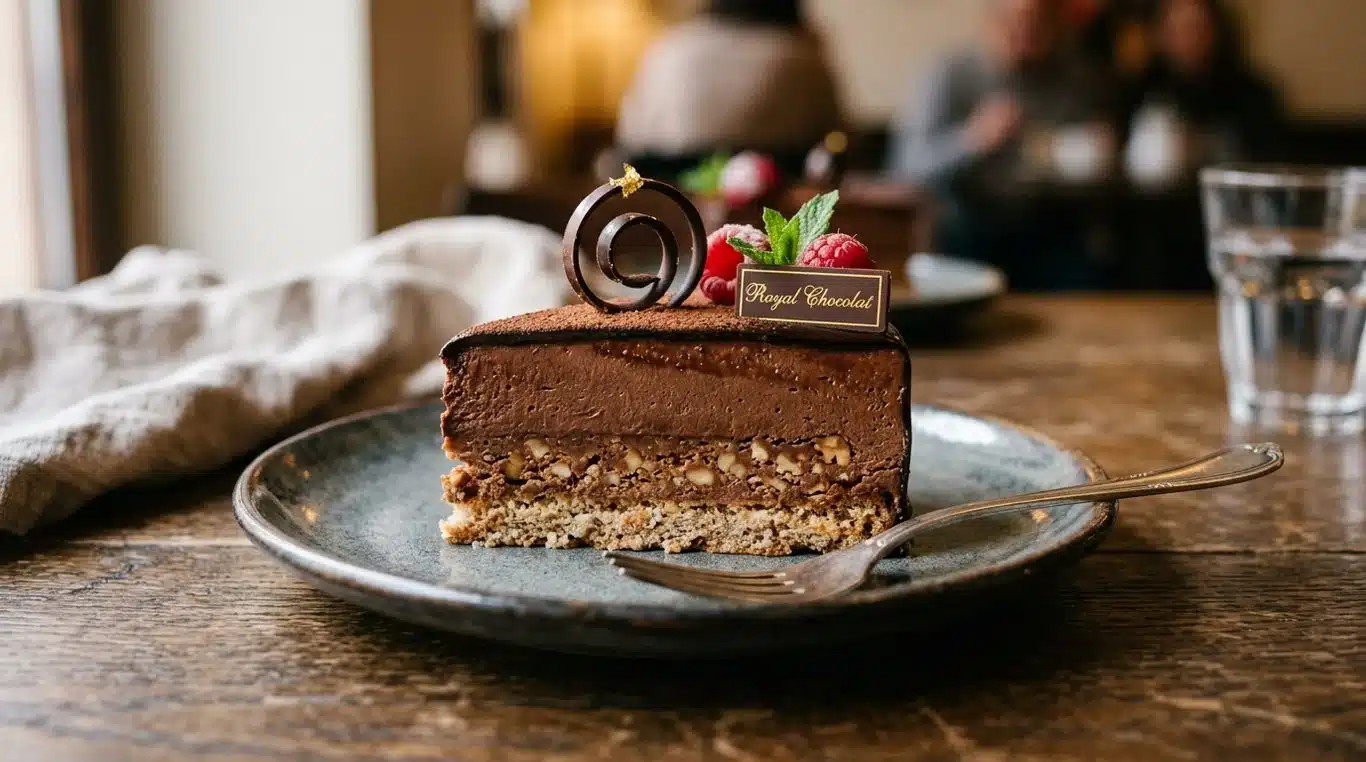 Royal Chocolat dessert avec ses couches de dacquoise, croustillant praliné et mousse au chocolat