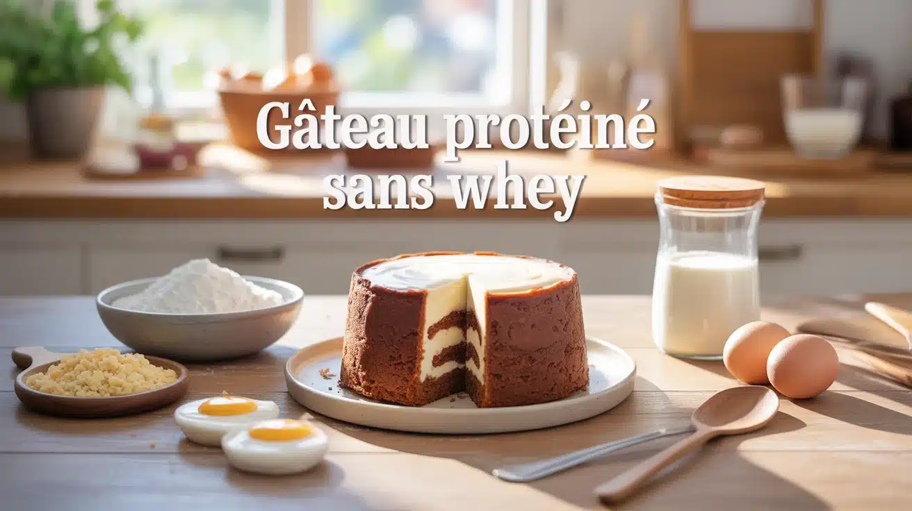 Gâteau protéiné sans whey avec ingrédients naturels sur table