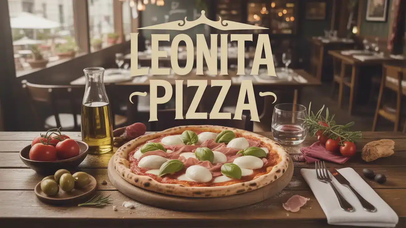 Pizza artisanale Leonita Pizza sur table en bois avec ingrédients frais