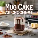 Mug cake au chocolat fumant dans une tasse avec ingrédients