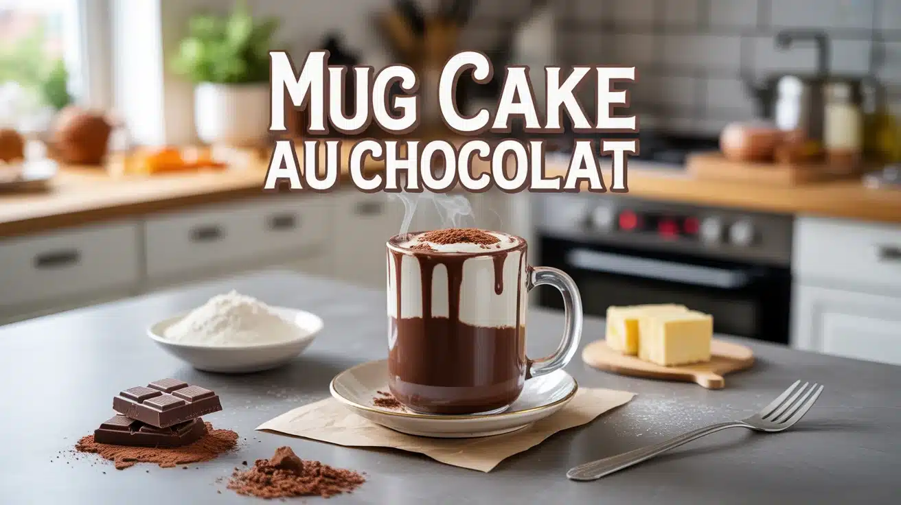 Mug cake au chocolat fumant dans une tasse avec ingrédients