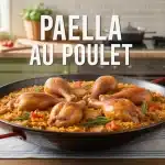 Paella au poulet avec riz safrané et légumes colorés dans une poêle ronde