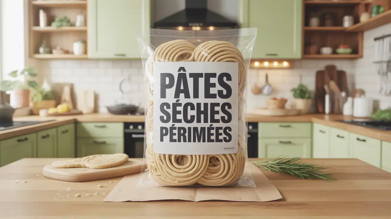 paquet de pâtes sèches périmées dans une cuisine avec bocaux hermétiques