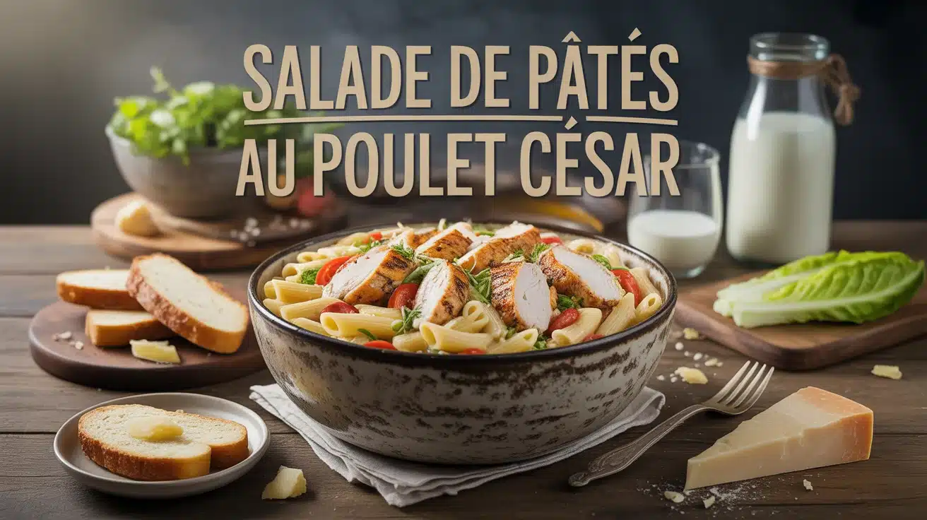 Salade de pâtes au poulet César avec pâtes penne, poulet grillé, croûtons et parmesan