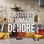 Illustration colorée des substituts du vinaigre de cidre sur table de cuisine