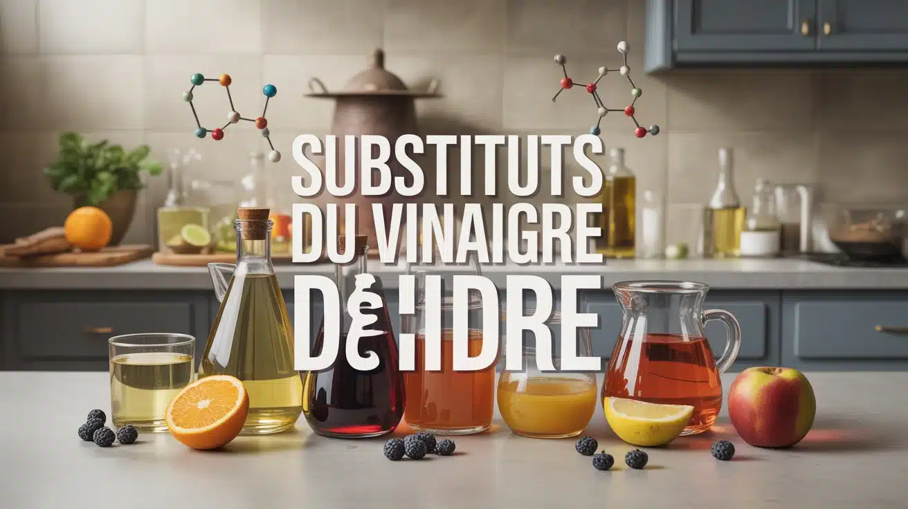 Illustration colorée des substituts du vinaigre de cidre sur table de cuisine