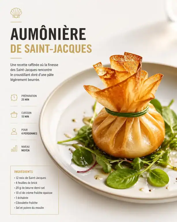 Aumônière de Saint-Jacques à la fondue de poireaux, une idée d'entrée facile et chic pour vos convives.