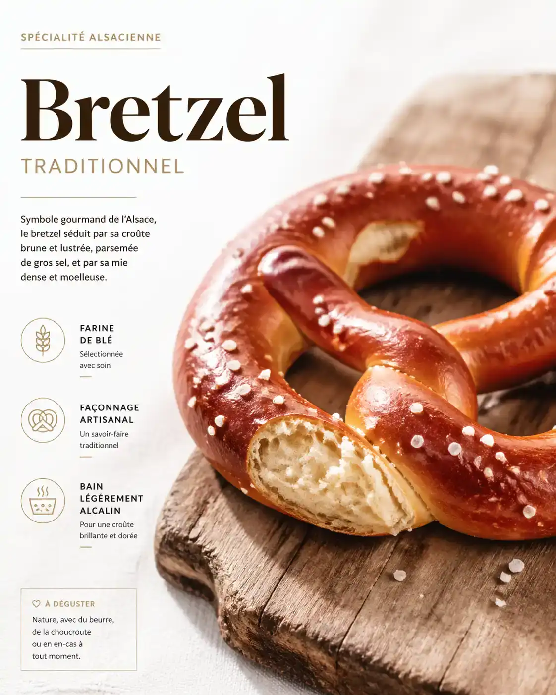 Bretzel alsacien traditionnel fraîchement cuit sur une planche en bois.