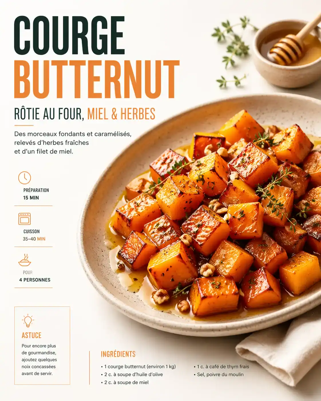 Plat de courge butternut rôtie au miel et herbes