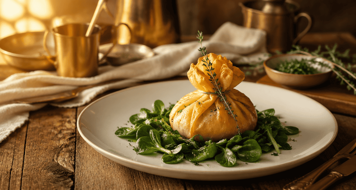 Entrée française dressée avec Saint-Jacques et fondue de poireaux