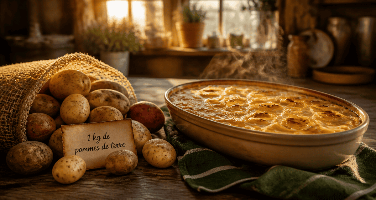 1 kg de pommes de terre et gratin dauphinois sur table