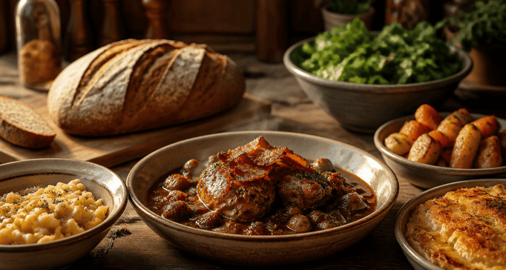 accompagnement coq au vin avec spätzle et gratin