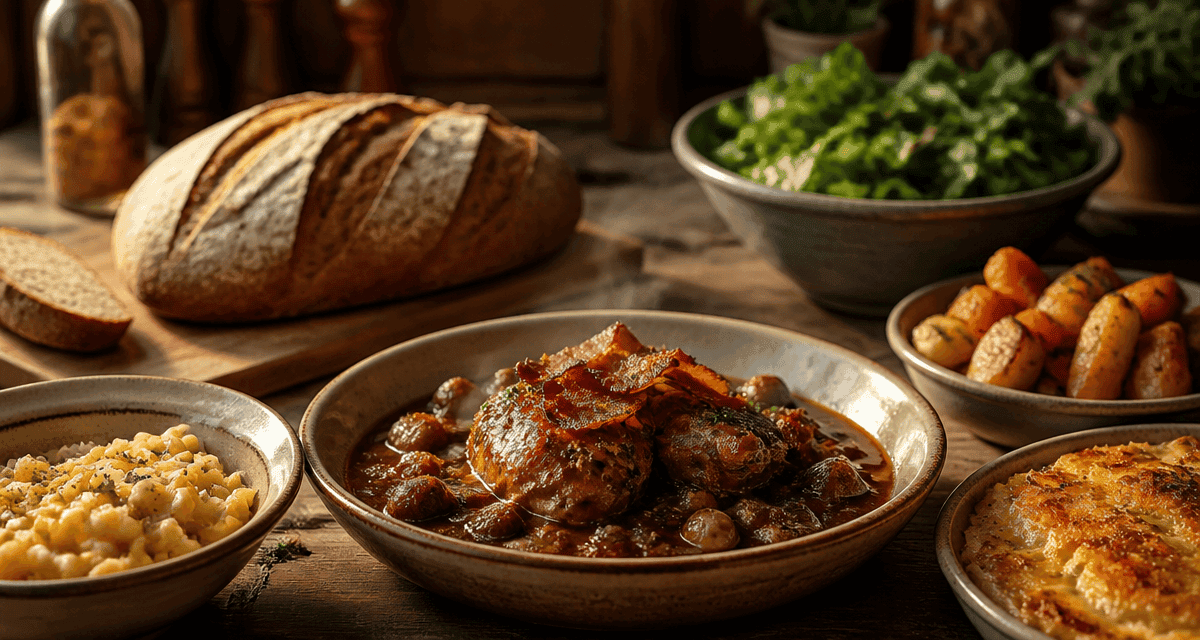 accompagnement coq au vin avec spätzle et gratin