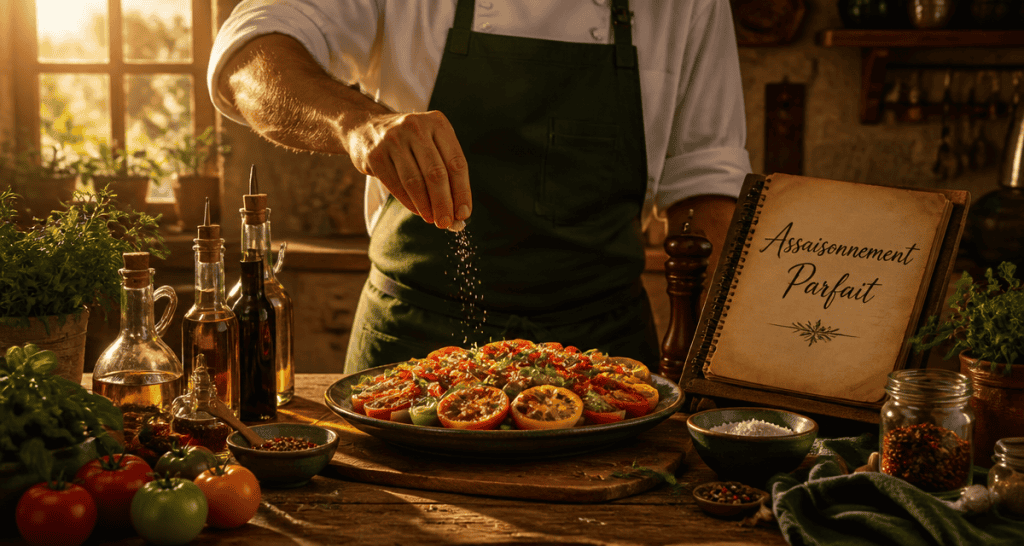 assaisonnement salade chef table bois