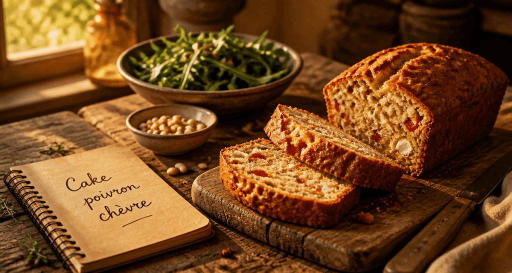 Cake poivron chevre tranche sur planche bois