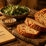 Cake poivron chevre tranche sur planche bois