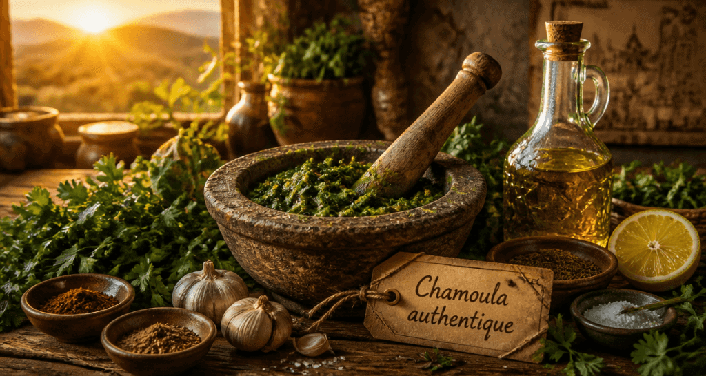 Chamoula maison dans mortier avec herbes et épices
