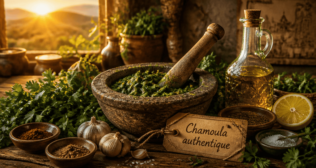 Chamoula maison dans mortier avec herbes et épices