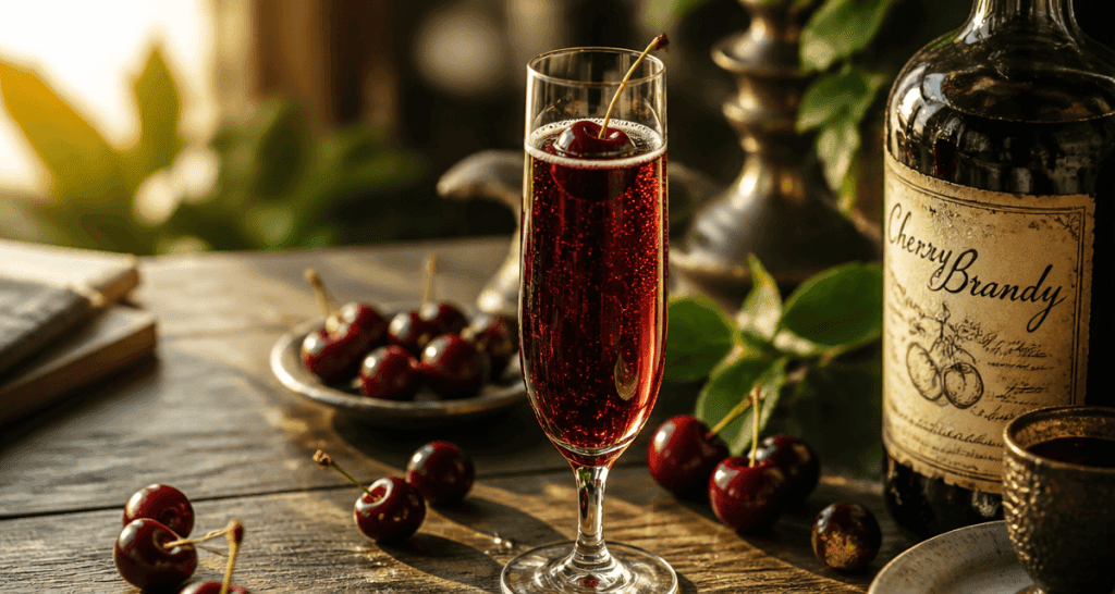 cocktail cherry brandy liqueur avec cerises sur table
