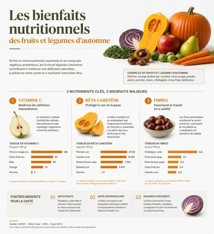 Infographie des bienfaits nutritionnels des fruits et légumes d'automne pour la santé