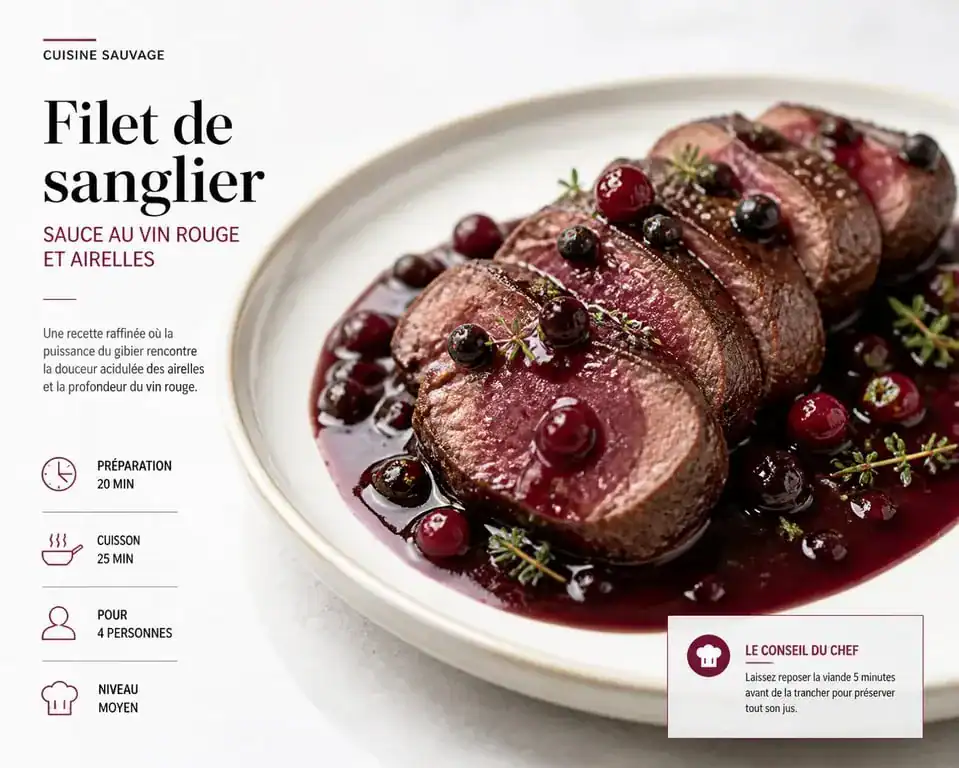 Filet de sanglier à la poêle avec sauce au vin rouge et airelles