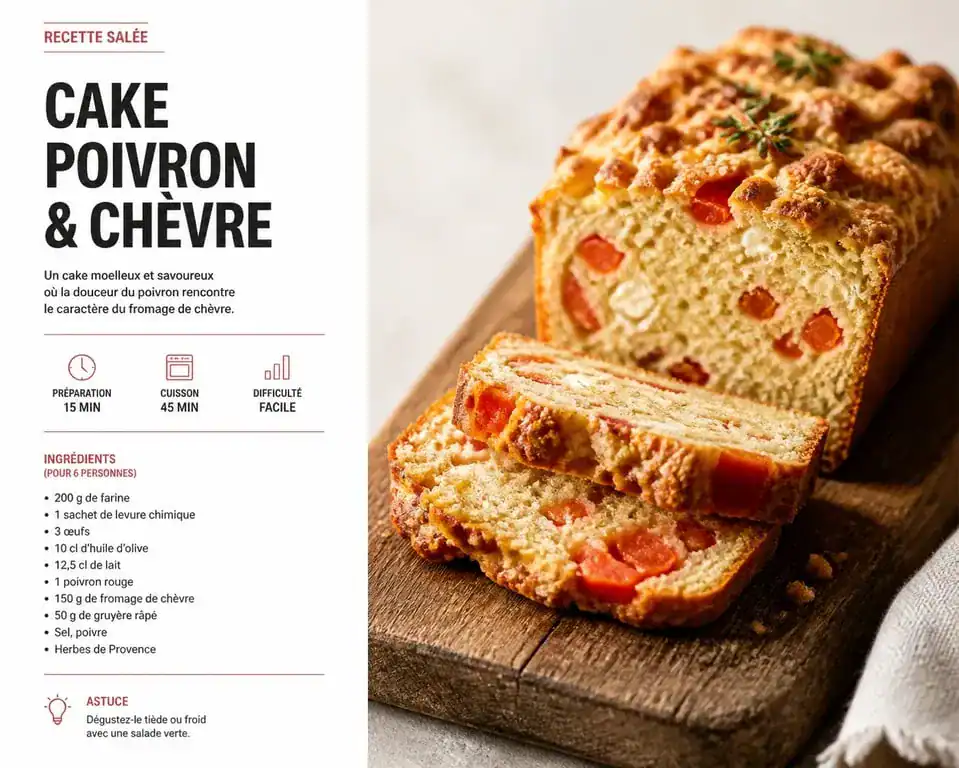 Cake au poivron et chèvre frais coupé en tranches sur une planche en bois