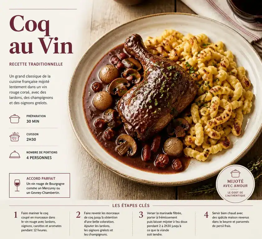 Assiette de coq au vin traditionnel accompagnée de spätzle maison, idée d'accompagnement pour coq au vin