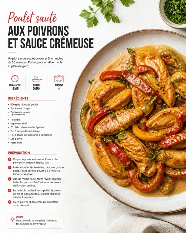 Recette de poulet aux poivrons en sauce servi dans une assiette