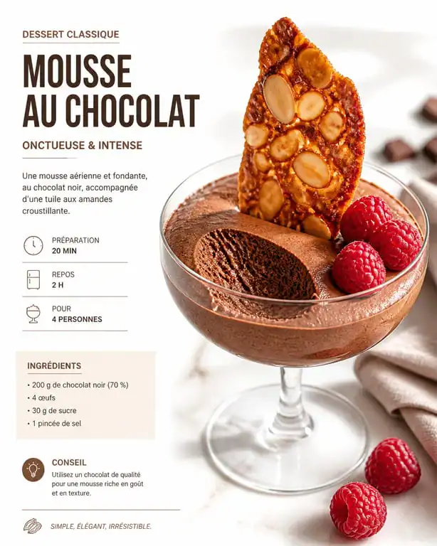 Mousse au chocolat intense accompagnée d'une tuile aux amandes et framboises fraîches