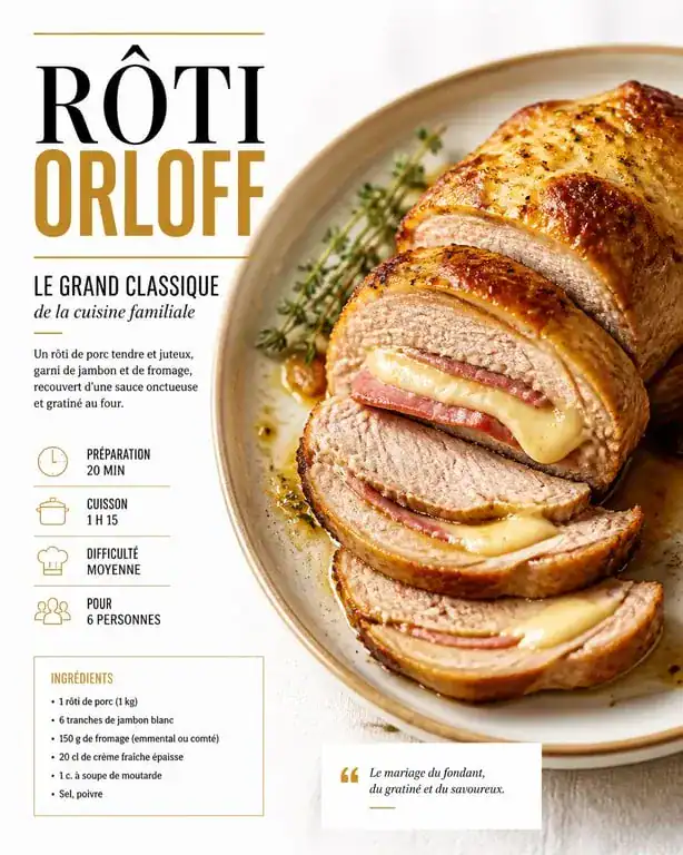 Rôti Orloff déjà préparé cuit au four, tranché et prêt à servir