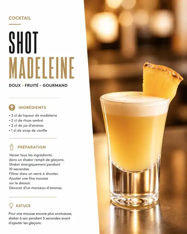 Shot madeleine, cocktail gourmand aux notes d'amande et d'ananas dans un verre à shooter.