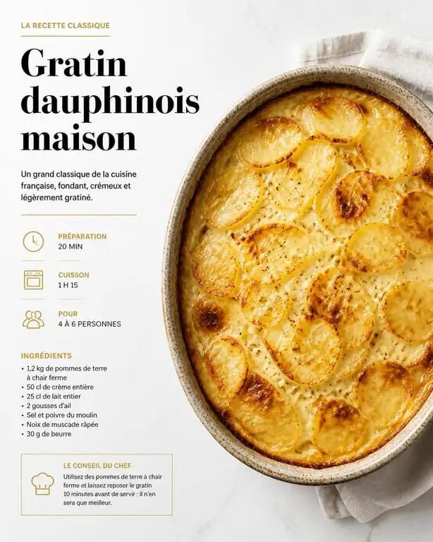 Gratin dauphinois traditionnel préparé avec 1 kg de pommes de terre