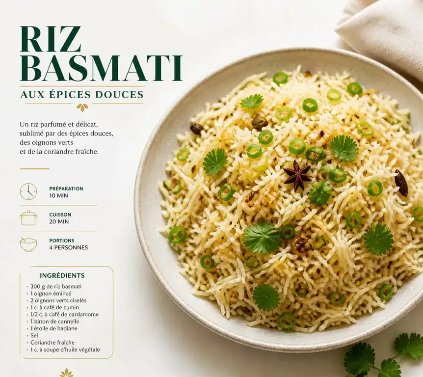 Riz basmati parfumé aux épices et oignons verts en accompagnement
